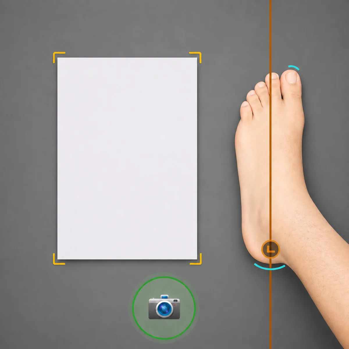 Left foot with heel and toes fully visible beside an A4 sheet